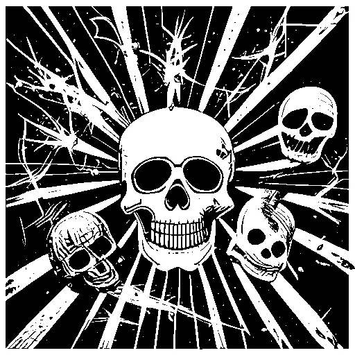 Binarized image. a punk rock album cover with a skull and lightning bolts, black and white, explicit label in the bottom