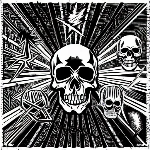 a punk rock album cover with a skull and lightning bolts, black and white, explicit label in the bottom