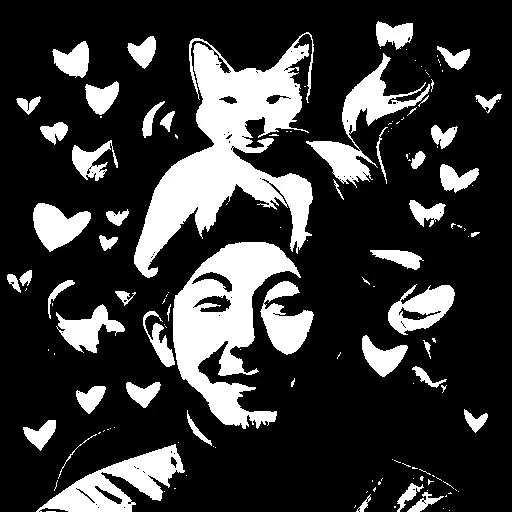 Binarized image. a man with a cat on top of his head, cartoon, organ, happy, gesture, finger, sharing, thumb, red, art, smile, floating hearts, mice, green background