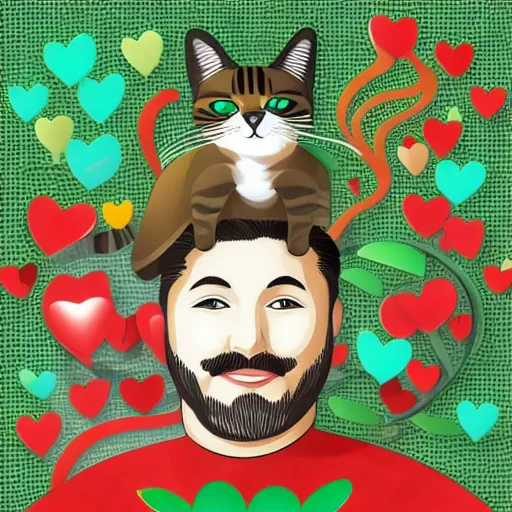 a man with a cat on top of his head, cartoon, organ, happy, gesture, finger, sharing, thumb, red, art, smile, floating hearts, mice, green background