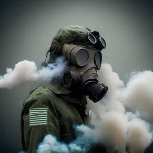 a man in a gas mask is surrounded by smoke with a glitch effect