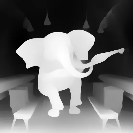 Depth map. an elephant playing the guitar on stage with a nose ring, cartoon style