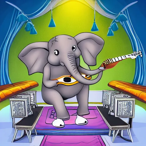 an elephant playing the guitar on stage with a nose ring, cartoon style