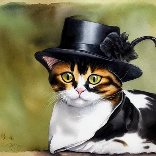 a funny painting of a cat wearing a top hat, watercolor