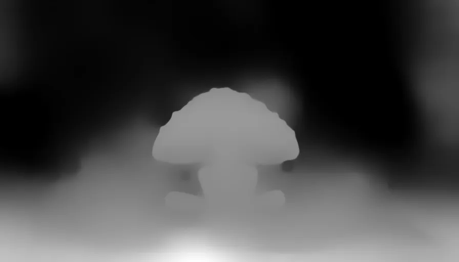 Depth map. a mushroom sitting on top of a wooden table, releasing spores forming a light mist