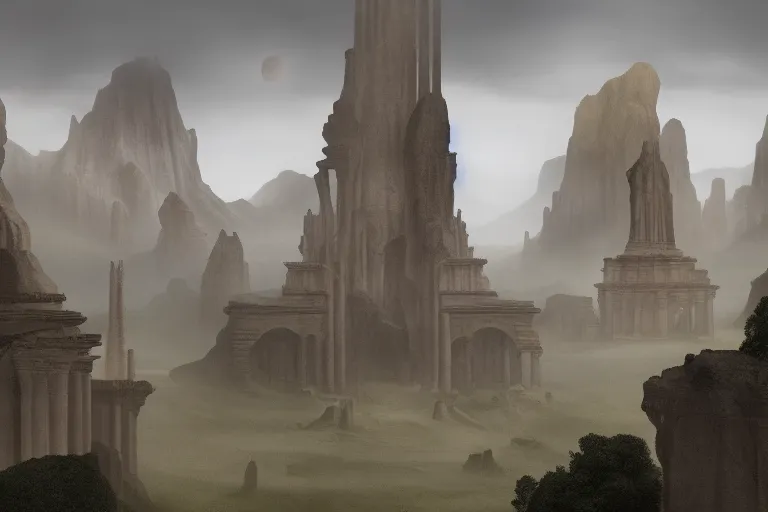 A panoramic view of the ancient yet mystical Elohiym lands, with towering temples and statues of the Elohiym God's and Goddesses, shrouded in darkness