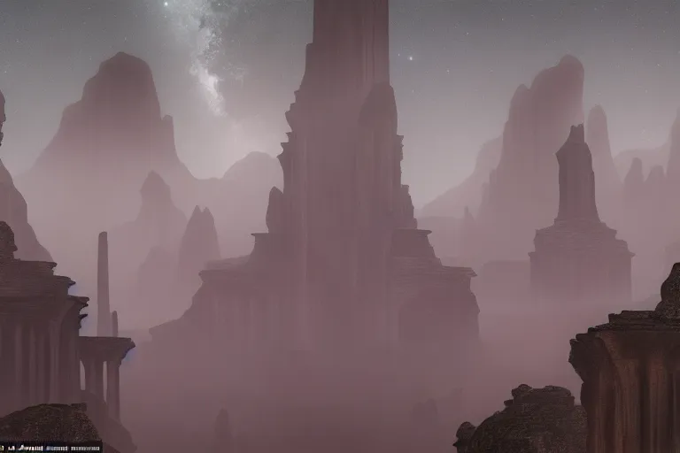 A panoramic view of the ancient yet mystical Elohiym lands, with towering temples and statues of the Elohiym God's and Goddesses, shrouded in darkness of a moonless night