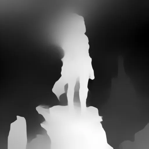 Depth map. an Elohiym Goddess standing on a cliff overlooking a futuristic city, with a stormy sky and dark sci-fi elements, in the style of Playground AI's delicate detail