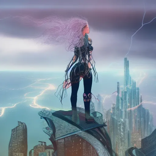 an Elohiym Goddess standing on a cliff overlooking a futuristic city, with a stormy sky and dark sci-fi elements, in the style of Playground AI's delicate detail