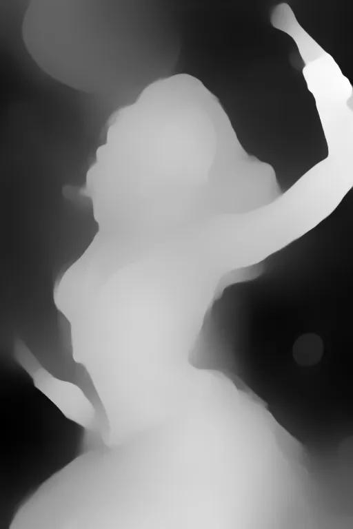 Depth map. a Bollywood actress dancing in a dimly lit environment with a sad expression on her face
