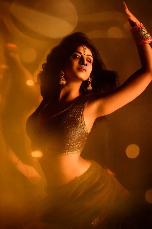a Bollywood actress dancing in a dimly lit environment with a sad expression on her face