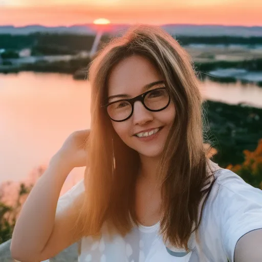 a woman wearing glasses posing for a picture with a beautiful sunset in the background