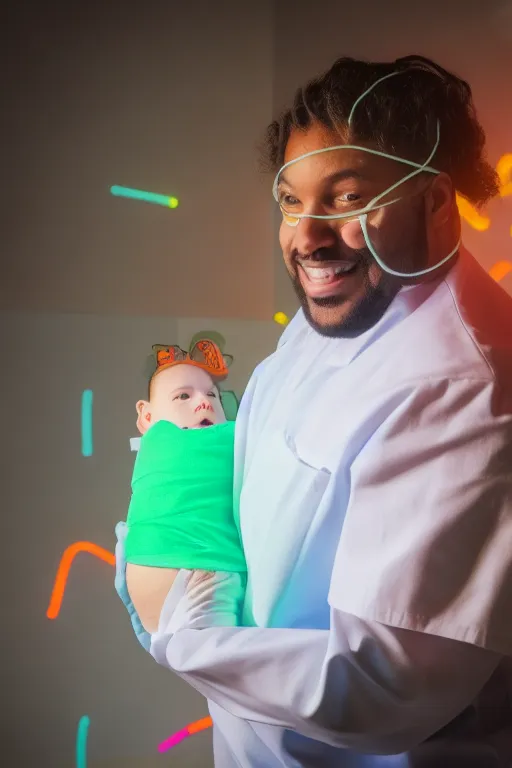 a man in scrubs holding a baby in a neon pyramid room