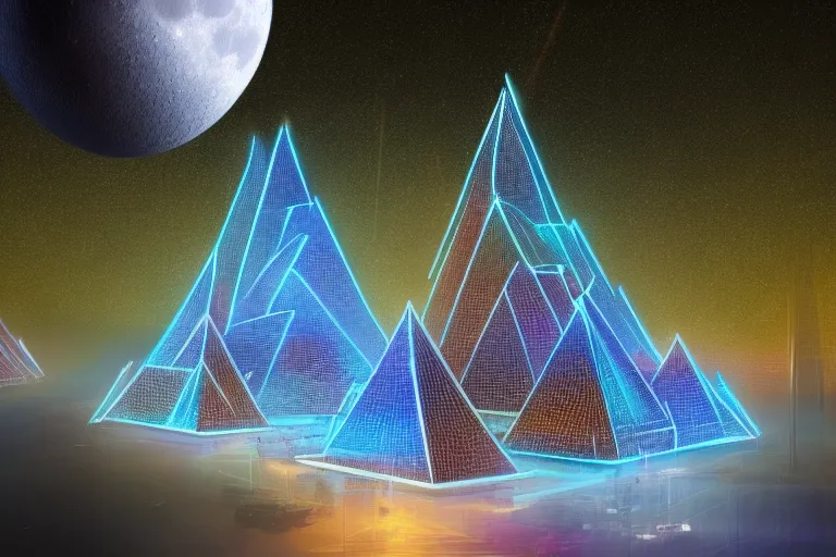 a futuristic city made out of neon pyramids, with a dark sky and a full moon, and blue flying dragons in the sky