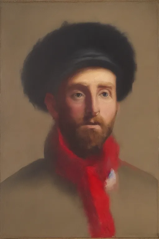 a painting of a man wearing a red hat