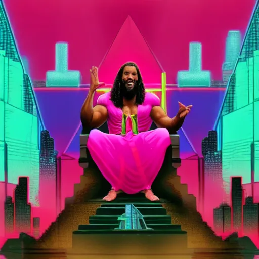 a muscular black Jesus with a pink robe sitting on a throne in the middle of a neon futuristic pyramid city