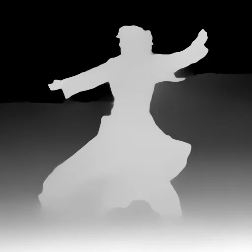 Depth map. Shahrukh Khan dancing in the desert, wearing a black pathan salwar and a white kurta, with the sun setting in the background