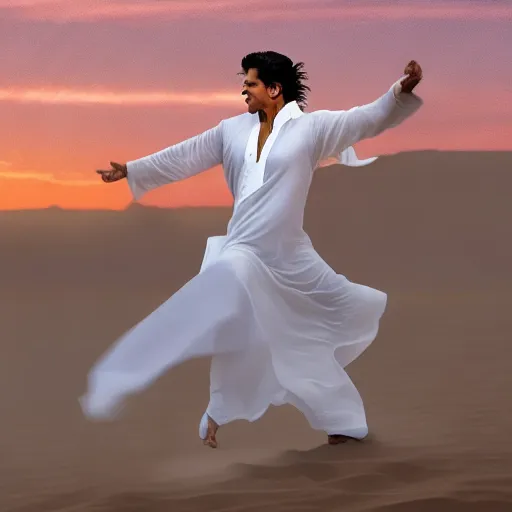 Shahrukh Khan dancing in the desert, wearing a black pathan salwar and a white kurta, with the sun setting in the background