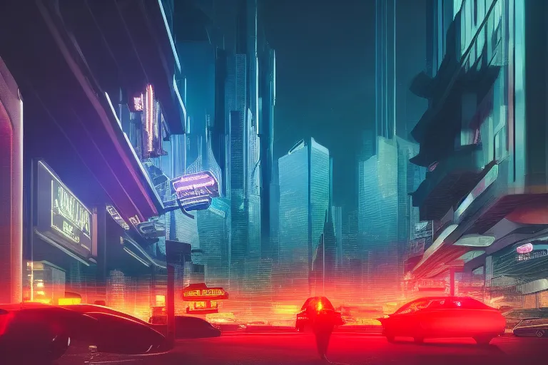 A photorealistic futuristic city street scene with towering skyscrapers and neon lights illuminating the night sky