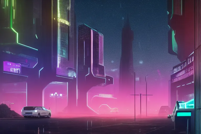 A photorealistic futuristic city street scene with towering skyscrapers and neon lights illuminating the night sky