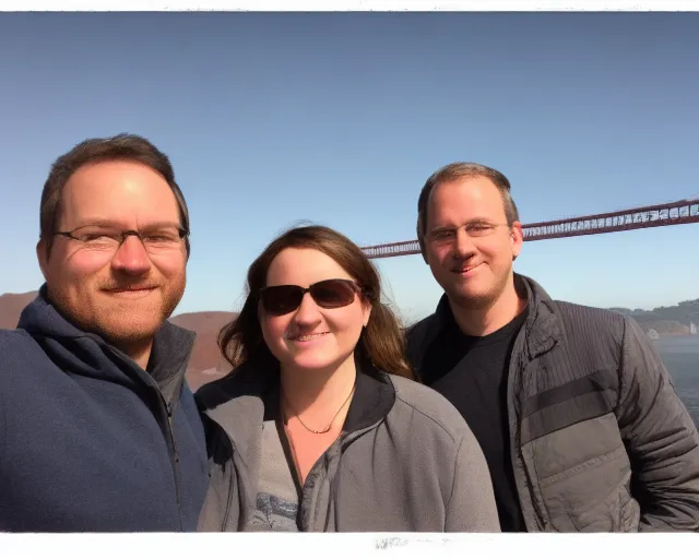 three people standing next to each other in front of the Golden Gate Bridge