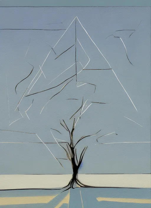 a painting of a tree with a blue sky in the background, with simple lines