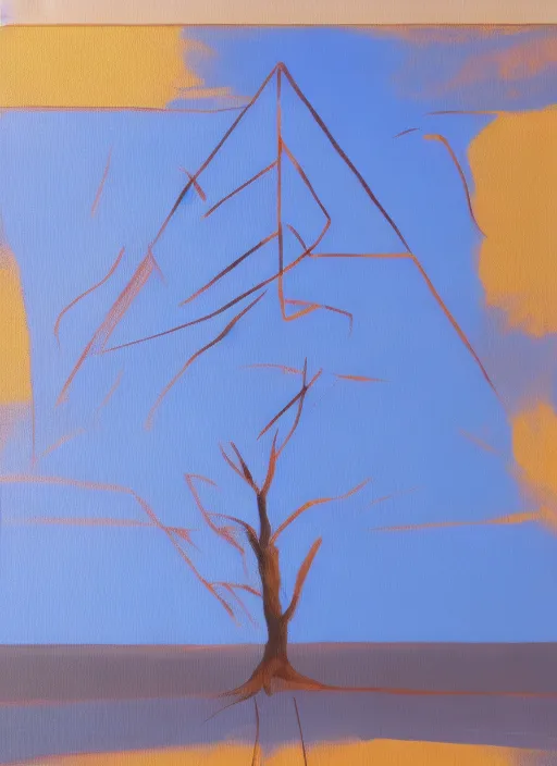 a painting of a tree with a blue sky in the background, with bright colors