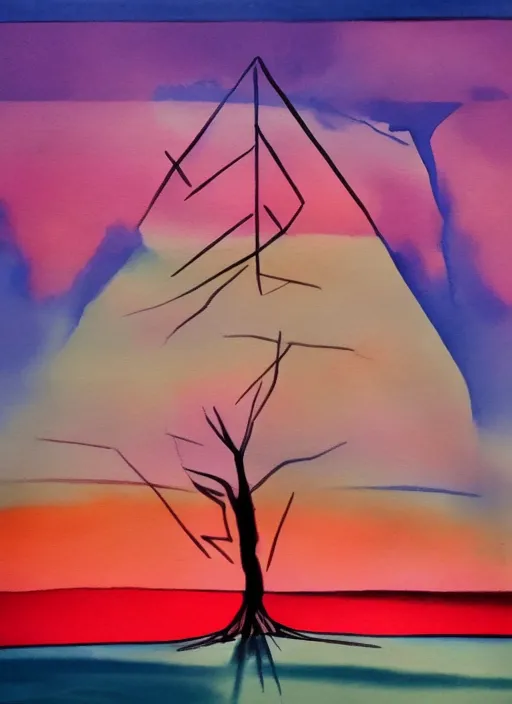 a painting of a tree with a red sky in the background, with bright colors