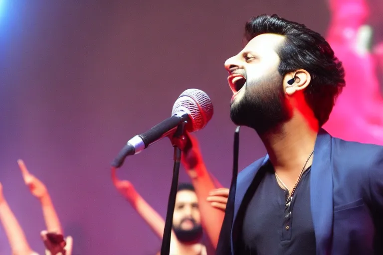 Atif Aslam singing on stage with a lively crowd in the background