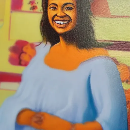 a close up of a painting of a woman with a big smile on her face