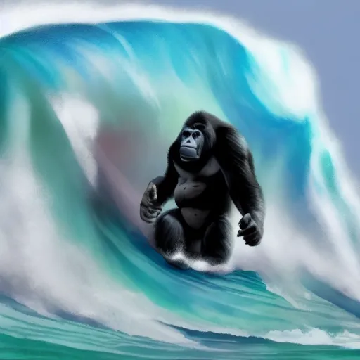 a gorilla surfing on a massive wave in the middle of the ocean in watercolor