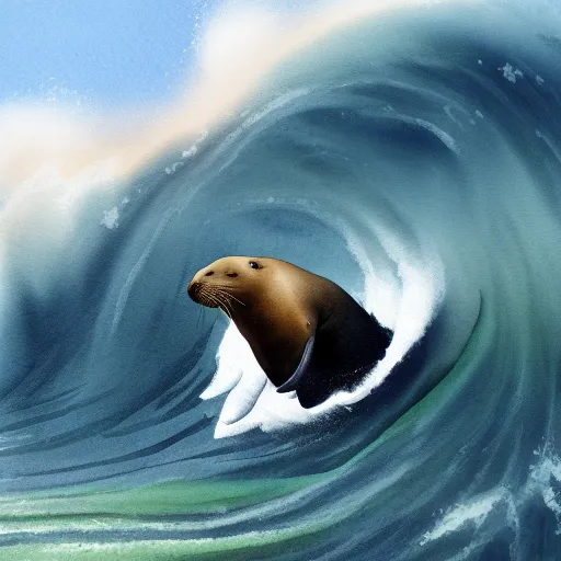 a sea lion surfing on a massive wave in the middle of the ocean in watercolor