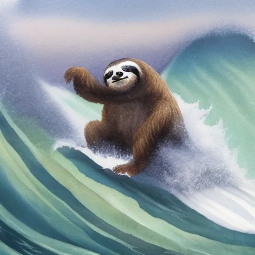 a sloth surfing on a massive wave in the middle of the ocean in watercolor