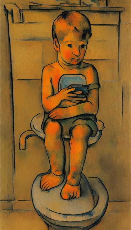 a young boy sitting on a toilet holding a cell phone in the style of Paul Cézanne