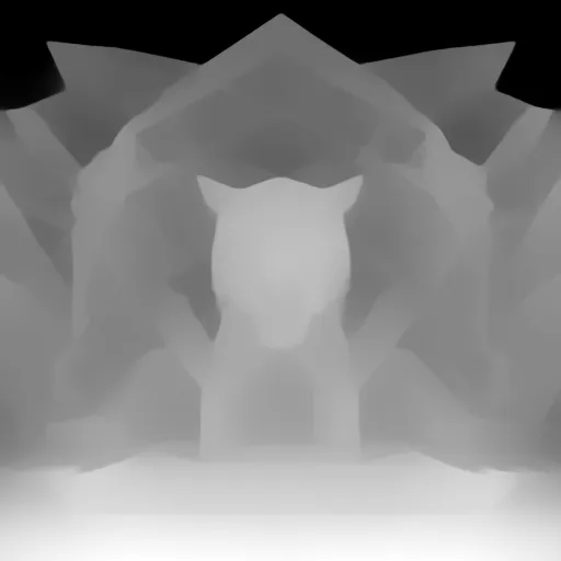 Depth map. a front face centered stage with a shape of a jaguar with polygons and geometry shapes and patterns like isometrics, the stage needs to be abstract but psychedelic, with a dj booth. The shapes are simple, organic and symmetric. The jaguar head is bigger and the dj booth is inside the head.