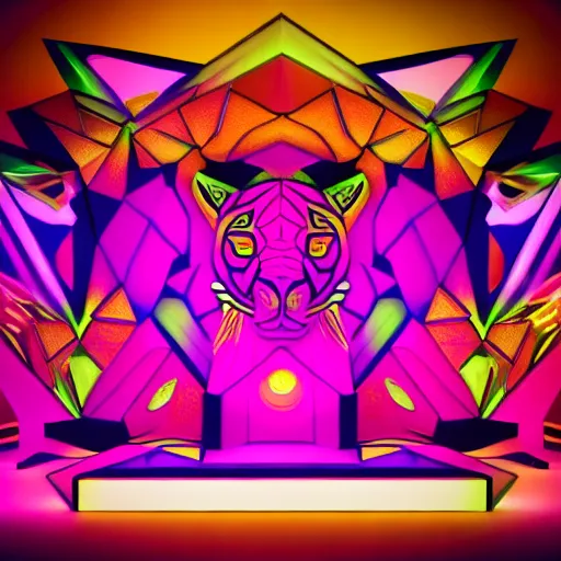 a front face centered stage with a shape of a jaguar with polygons and geometry shapes and patterns like isometrics, the stage needs to be abstract but psychedelic, with a dj booth. The shapes are simple, organic and symmetric. The jaguar head is bigger and the dj booth is inside the head.