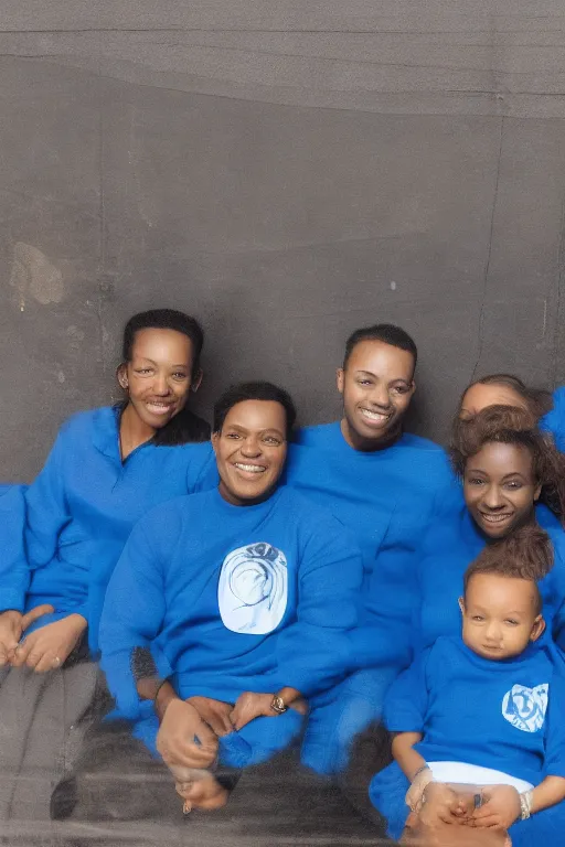 a group of people sitting next to each other wearing blue clothes