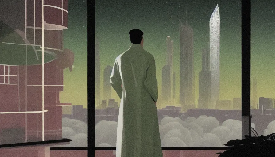 a man in a lab coat looking out a window at a city at night