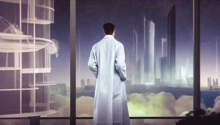 a man in a lab coat looking out a window at a city at night, with a starry sky