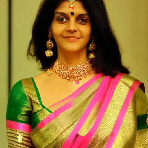 a woman wearing a pink sari and gold jewelry with a tiger face