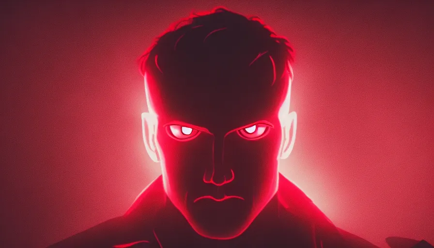 a man with red glowing eyes in front of a dark computer screen