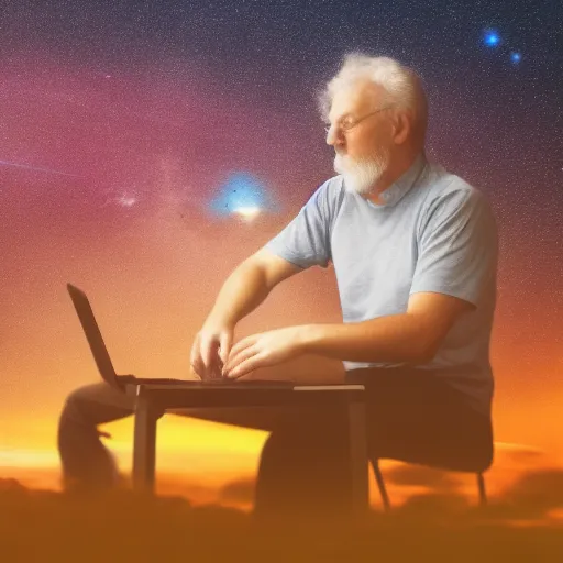 a man that is sitting at a keyboard in front of an amazing space sky