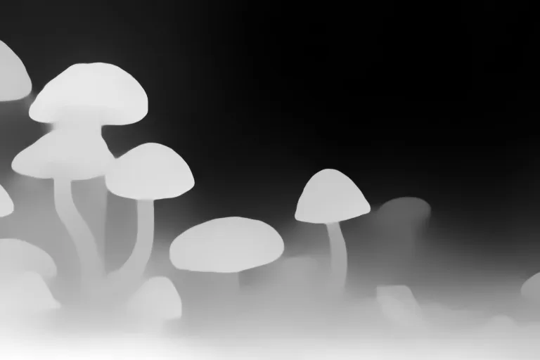 Depth map. a group of mushrooms that are sitting in the grass with a soft blur and a warm color tone