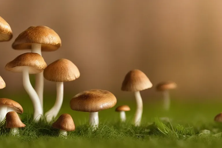 a group of mushrooms that are sitting in the grass with a soft blur and a warm color tone