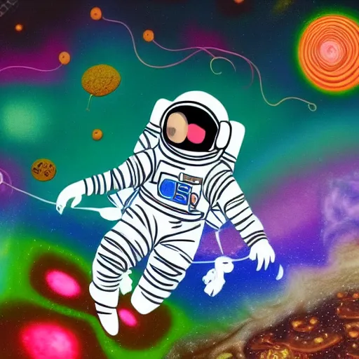 an astronaut floating in a background that looks like neurons in psychedelic style, with mushrooms added to the background