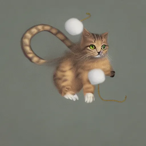 a flying cat with a snake tail holding a cotton ball and hawk wings
