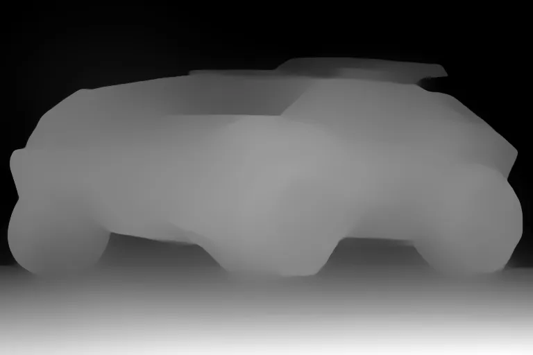 Depth map. a futuristic SUV with an even more aerodynamic design, glossy black finish and neon blue accents