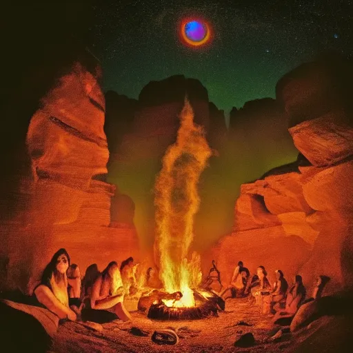 a native american gathering in the night inside a canyon with a big bonfire in the center and a mystical and spiritual night sky in psychedelic style