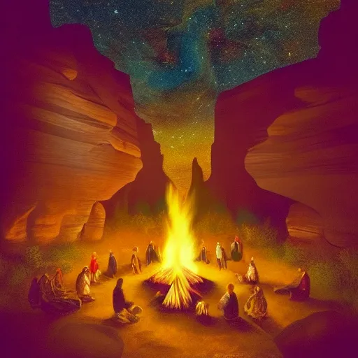 a native american gathering in the night inside a canyon with a big bonfire in the center and a mystical and spiritual night sky in psychedelic style