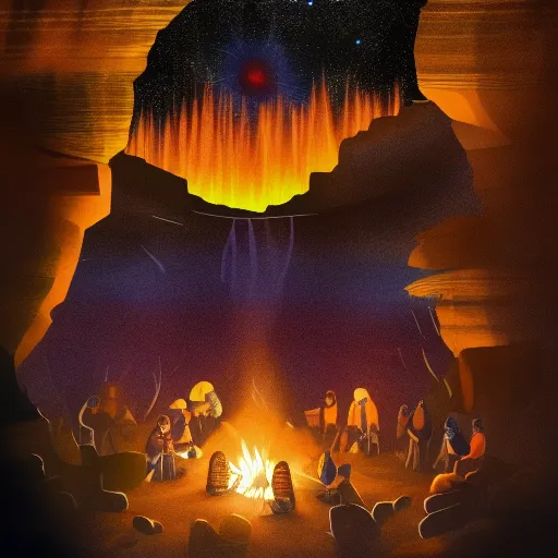 a native american gathering in the night inside a canyon with a big bonfire in the center and a mystical and spiritual night sky in psychedelic style